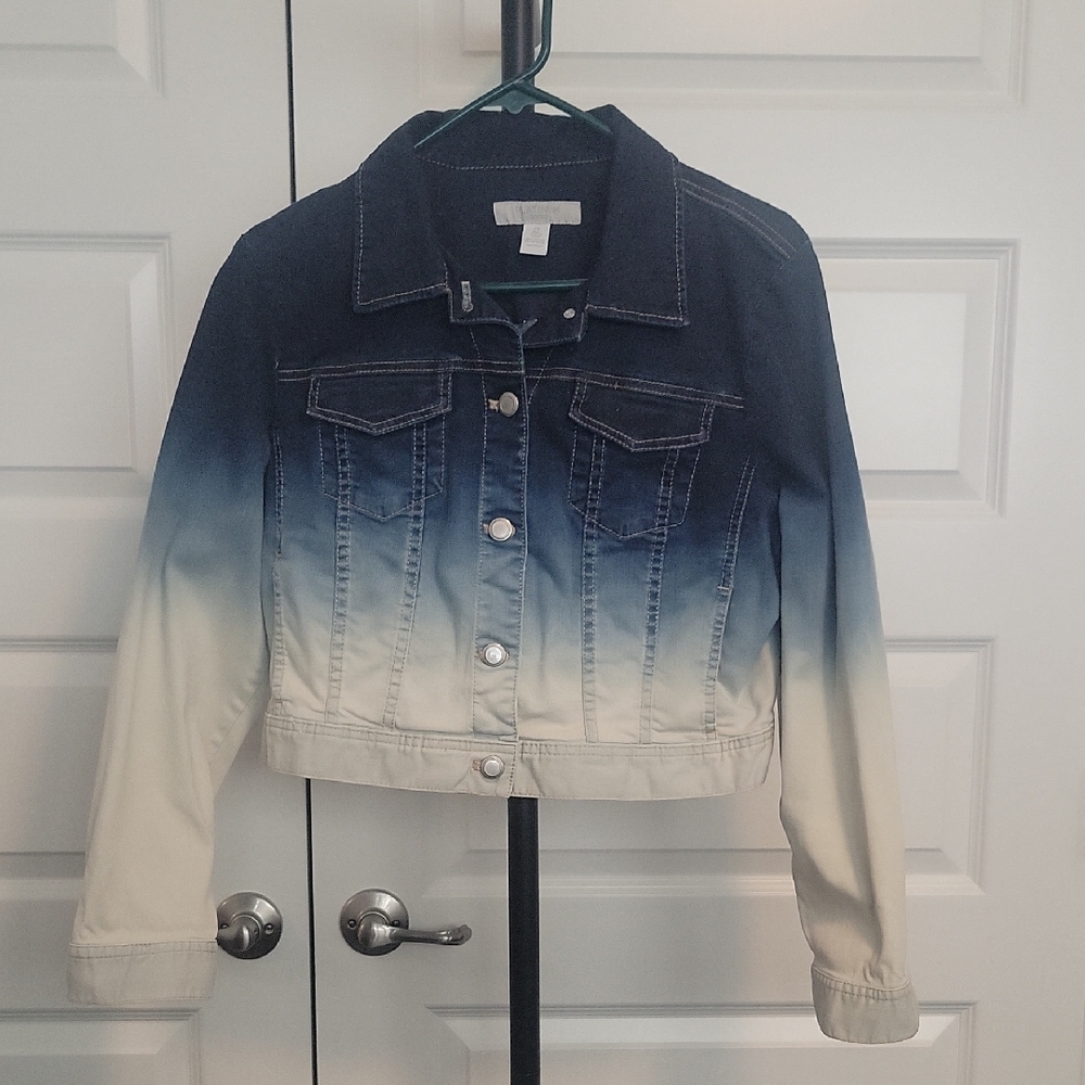 Chico's Cropped Ombre Blue and Cream Denim Jacket